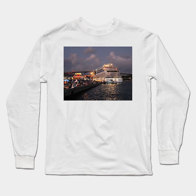 AIDAluna Cruise Ship docking at Willemstad Curacao at Night Long Sleeve T-Shirt by Christine aka stine1